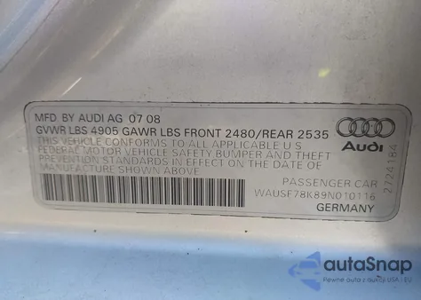 2009 Audi A4 2.0T Premium z USA, uszkodzony, nr VIN WAUSF78K89N010116